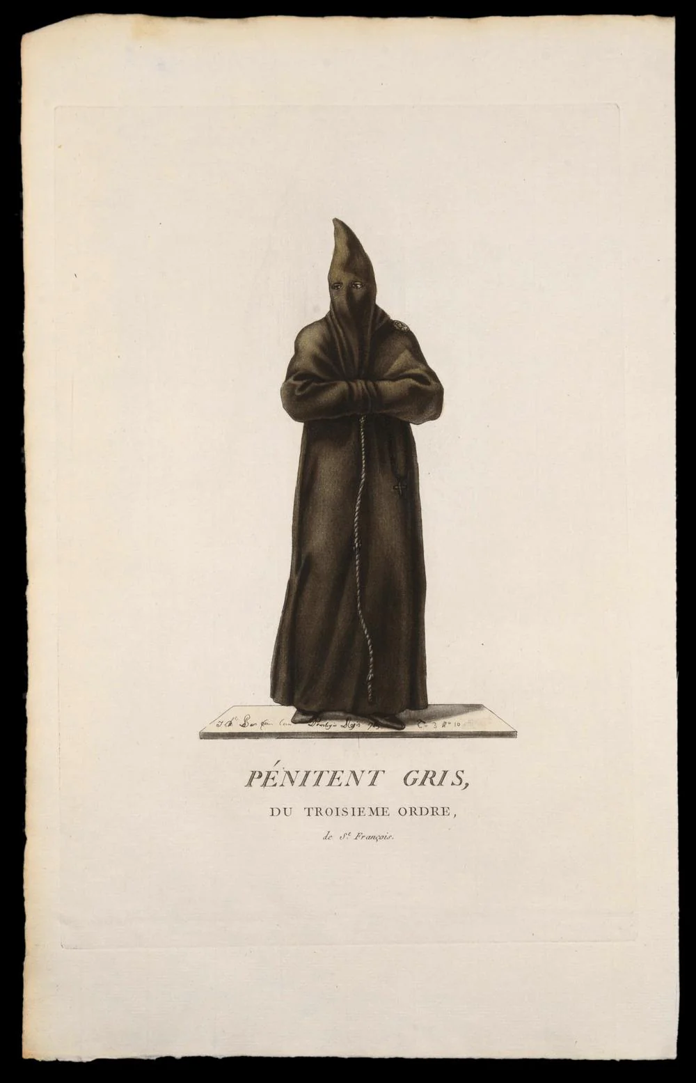 PÉNITENT GRIS DU TROISIÈME ORDRE DE SAINT FRANÇOIS – gravure originale du XVIIIe siècle