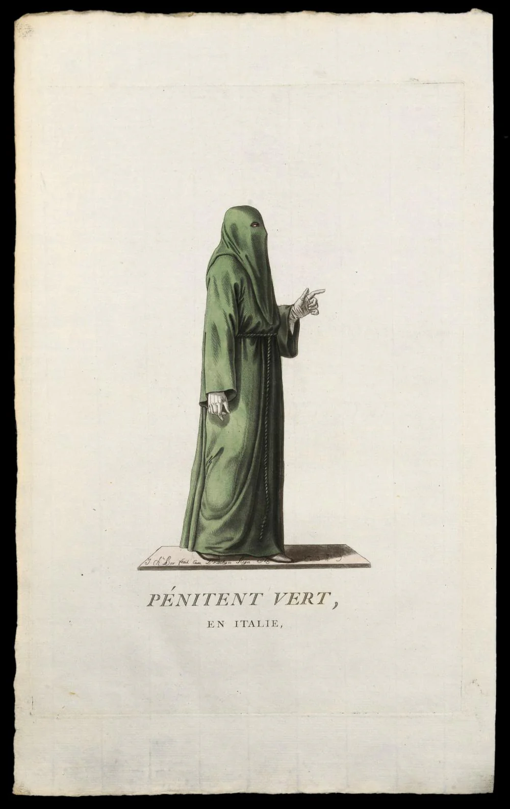 PÉNITENT VERT – gravure originale du XVIIIe siècle, confrérie italienne