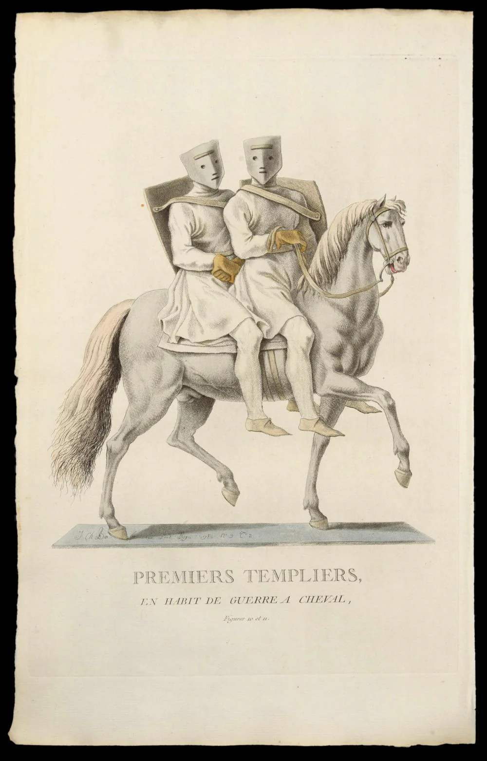 PREMIERS TEMPLIERS EN HABIT DE GUERRE À CHEVAL – gravure originale du XVIIIe siècle