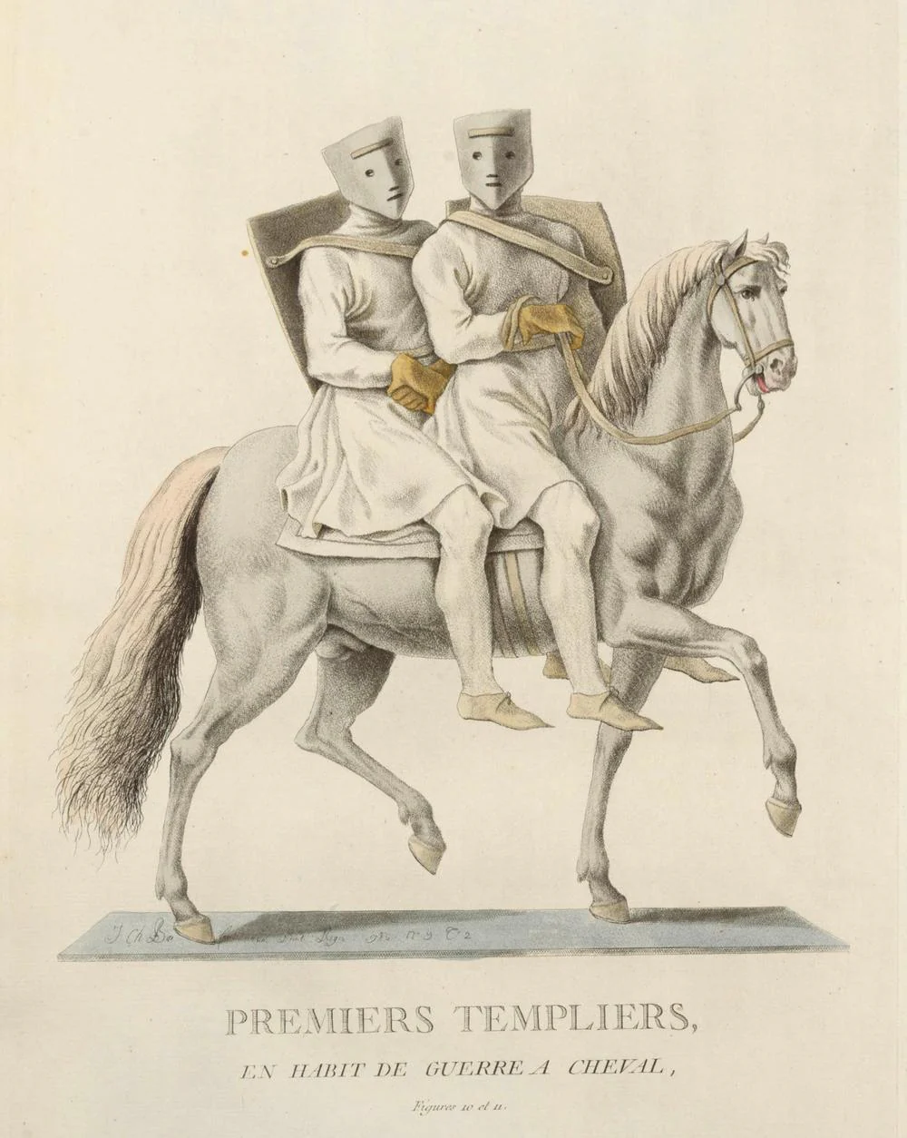 PREMIERS TEMPLIERS EN HABIT DE GUERRE À CHEVAL – gravure originale du XVIIIe siècle - Image 2